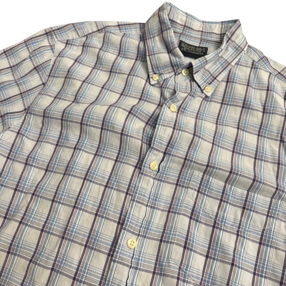 Ralph Lauren Jeans Co Mens Medium Blue Plaid Short Sleeve‎ Button Down Shirt